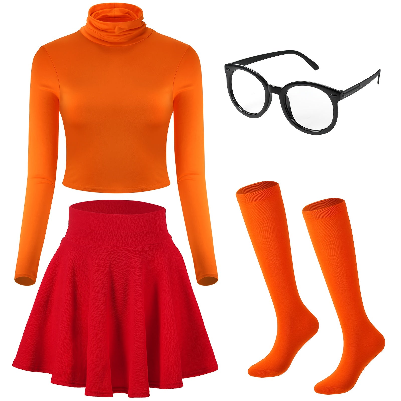 set womens halloween costume including an orange turtleneck