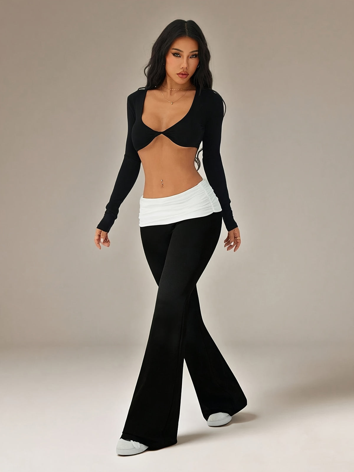 womens casual flared trousers color   waistband