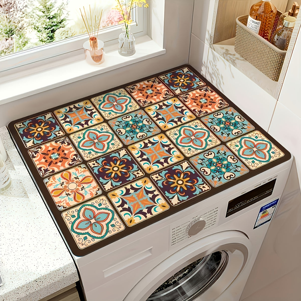 vibrant retro colorful tile washing machine cover durable 23