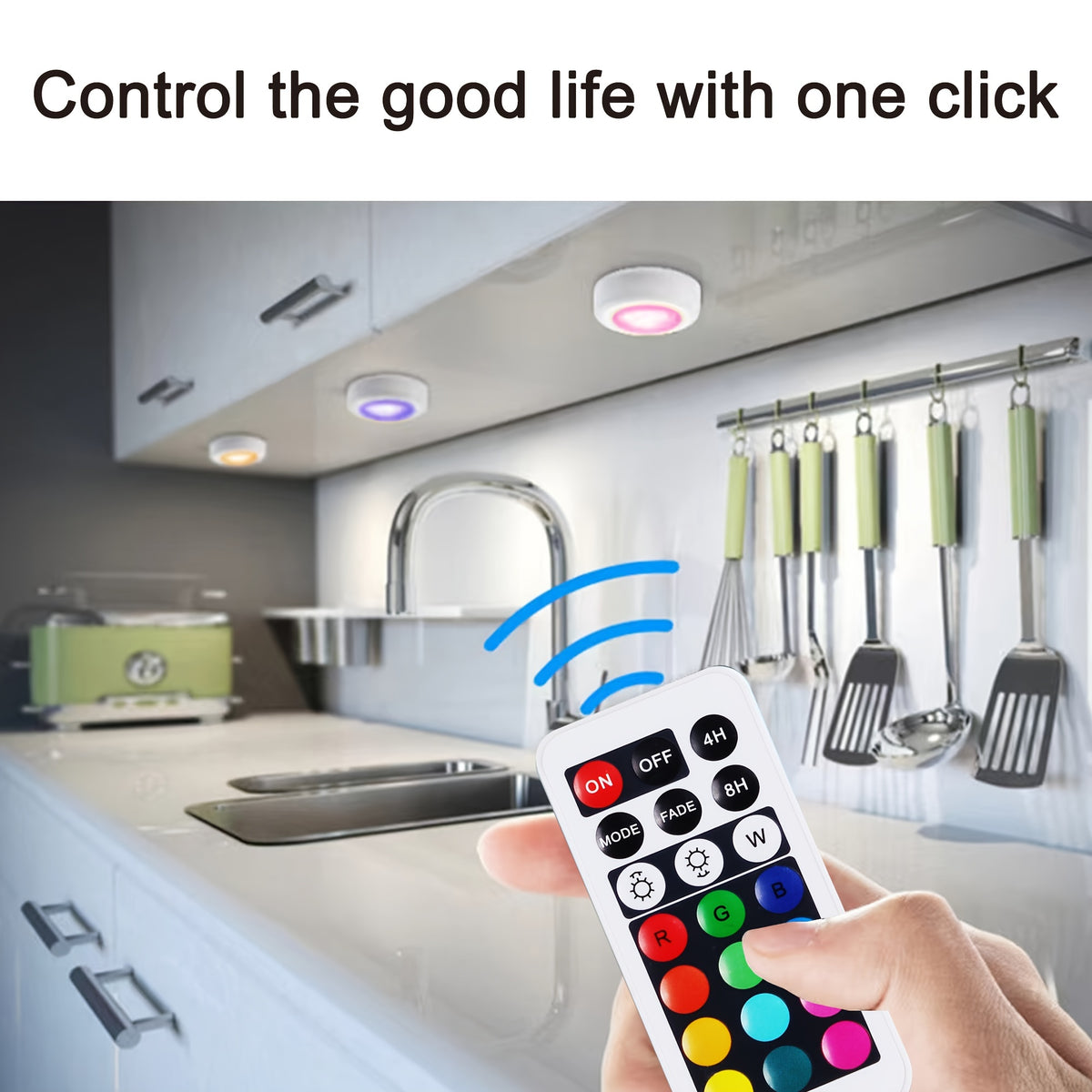 set six multicolored cabinet lights featuring remote control