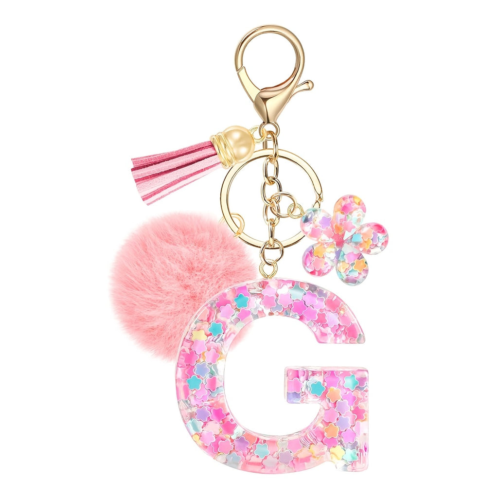 ladies initial keychain cute pink flower resin letter