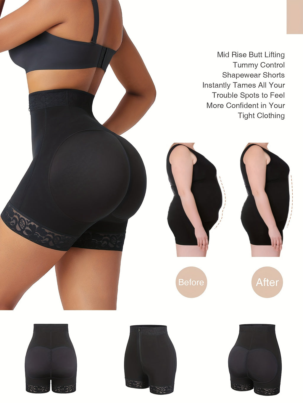 women front zipper   lifter shorts high waist curve