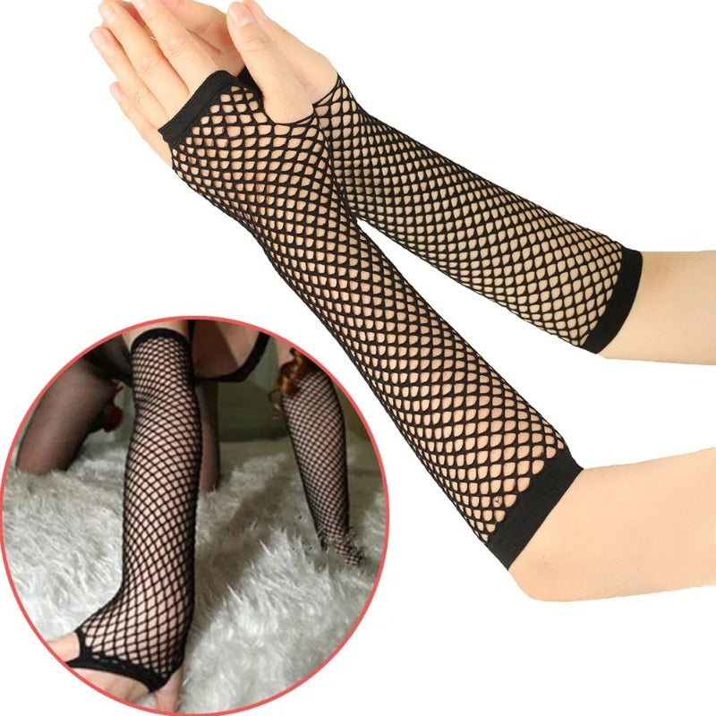 pair womens long   net gloves fingerless mesh