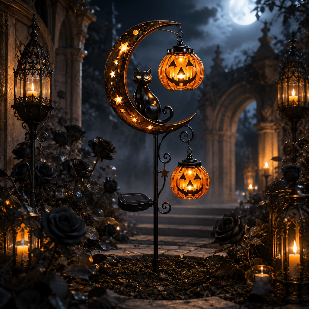 3d halloween solar garden plug in light crescent black cat