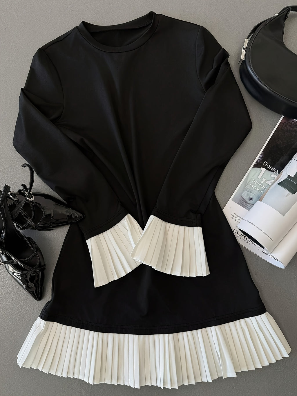 plus size elegant long sleeve crew neck solid color pleated
