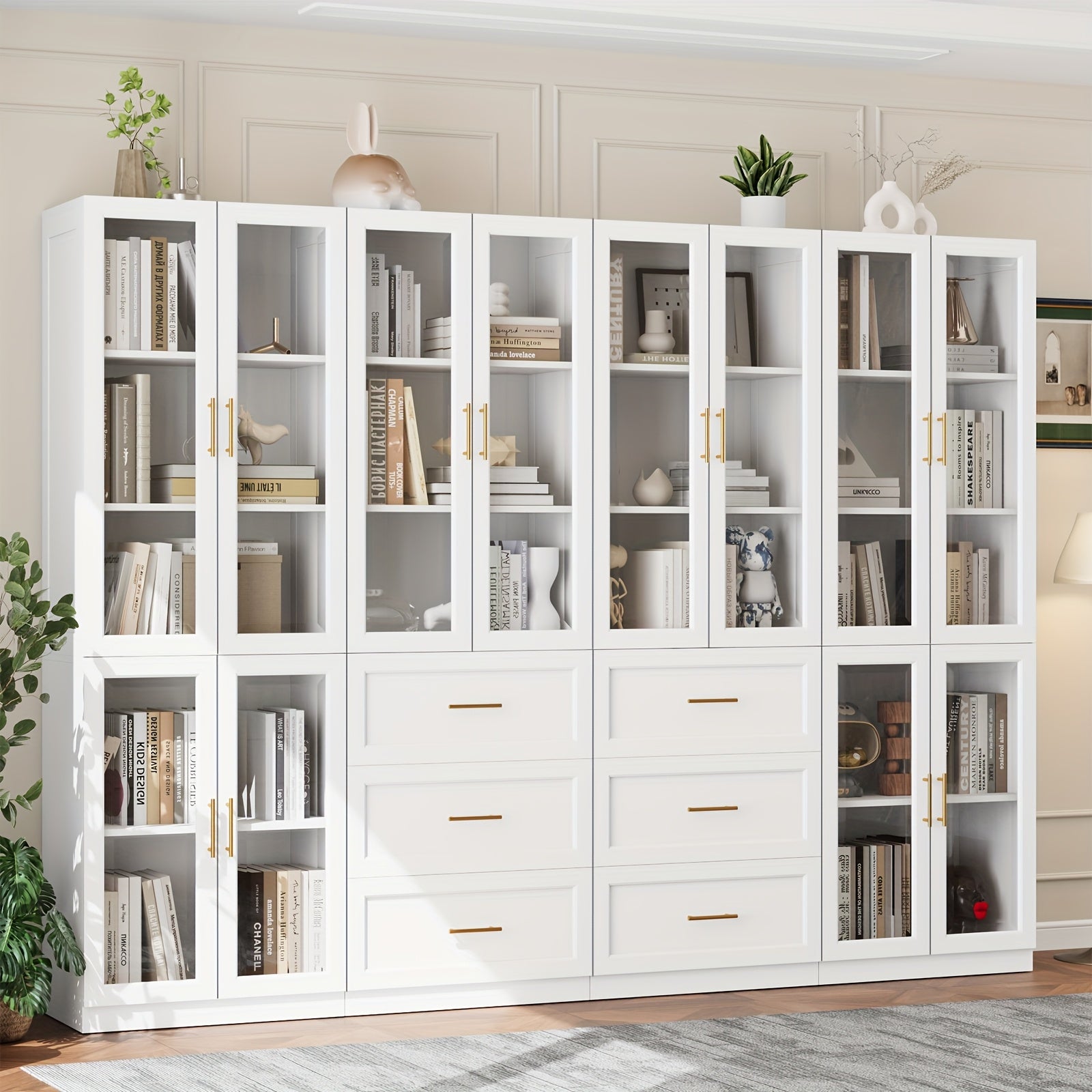 modular bookshelf display cabinet set glass doors drawers 5