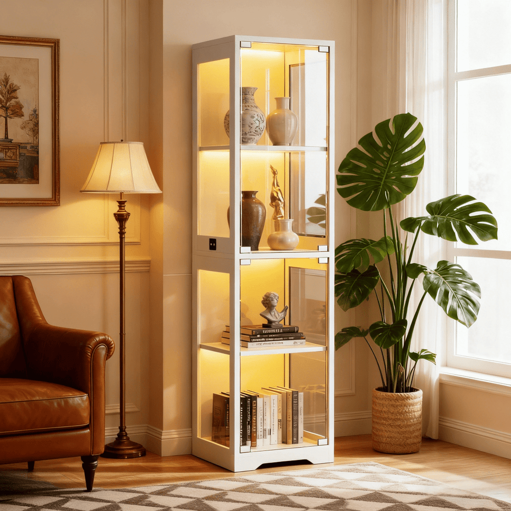 single door glass display cabinet 4 tier 3 led lights smart