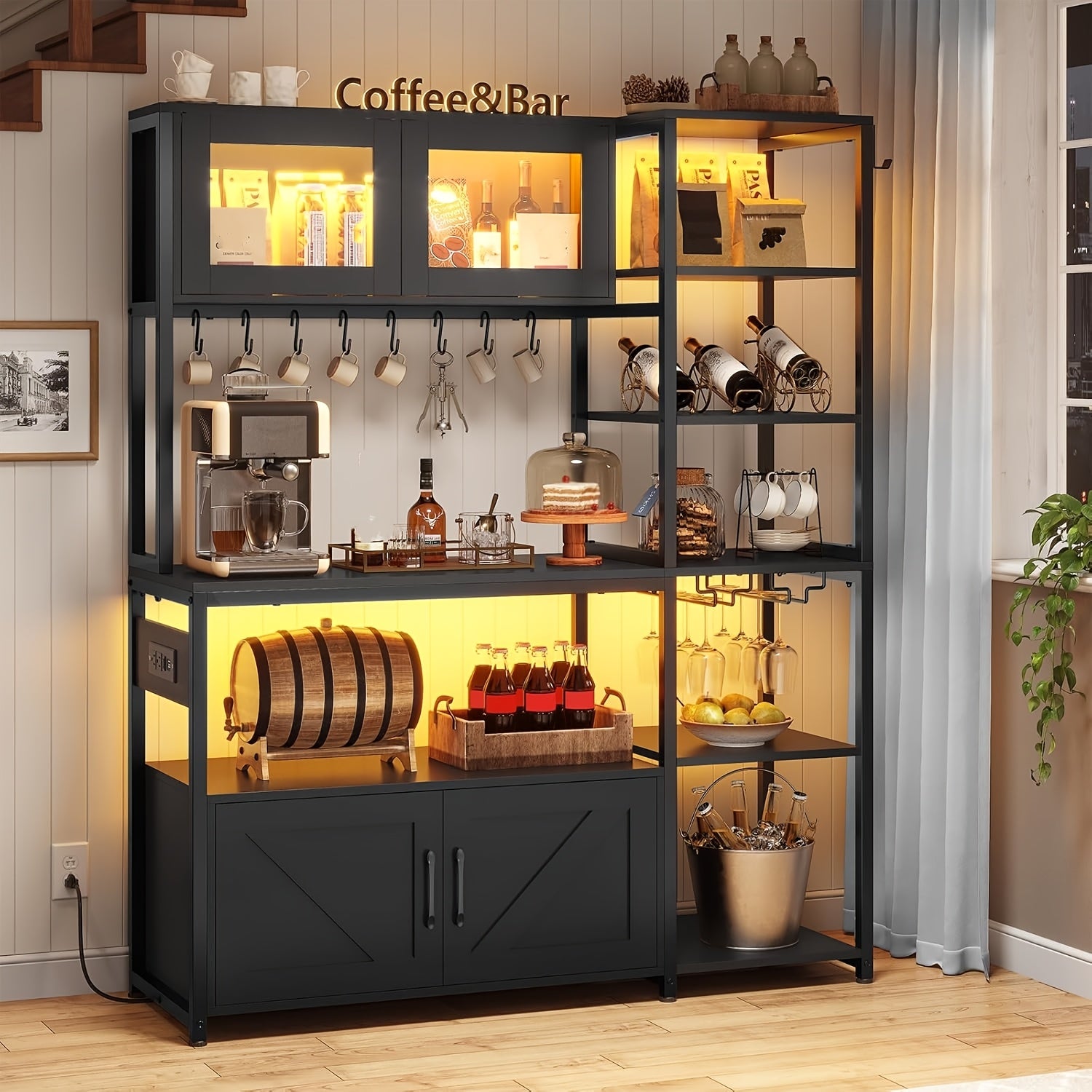 bakers rack led light 45 3 farmhouse coffee bar cabinet