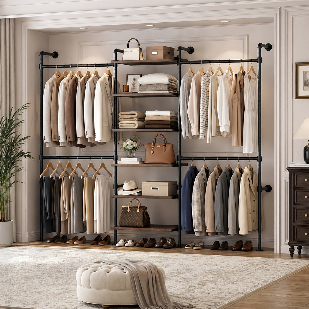 wall-mounted bedroom wardrobe, retro industrial style duct clothing rack with 6 wooden shelves and 4  . bedroom furniture wardrobe storage - furniture
