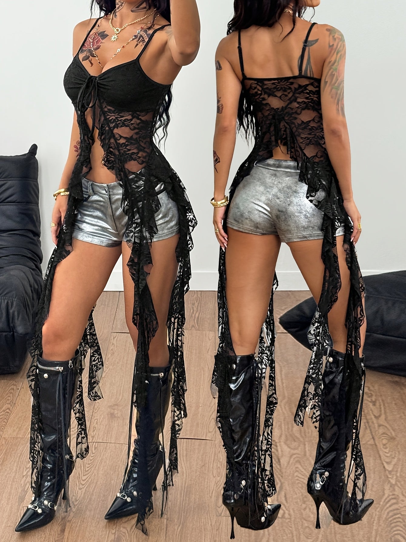 womens vintage y2k lace stretch semi sheer asymmetrical