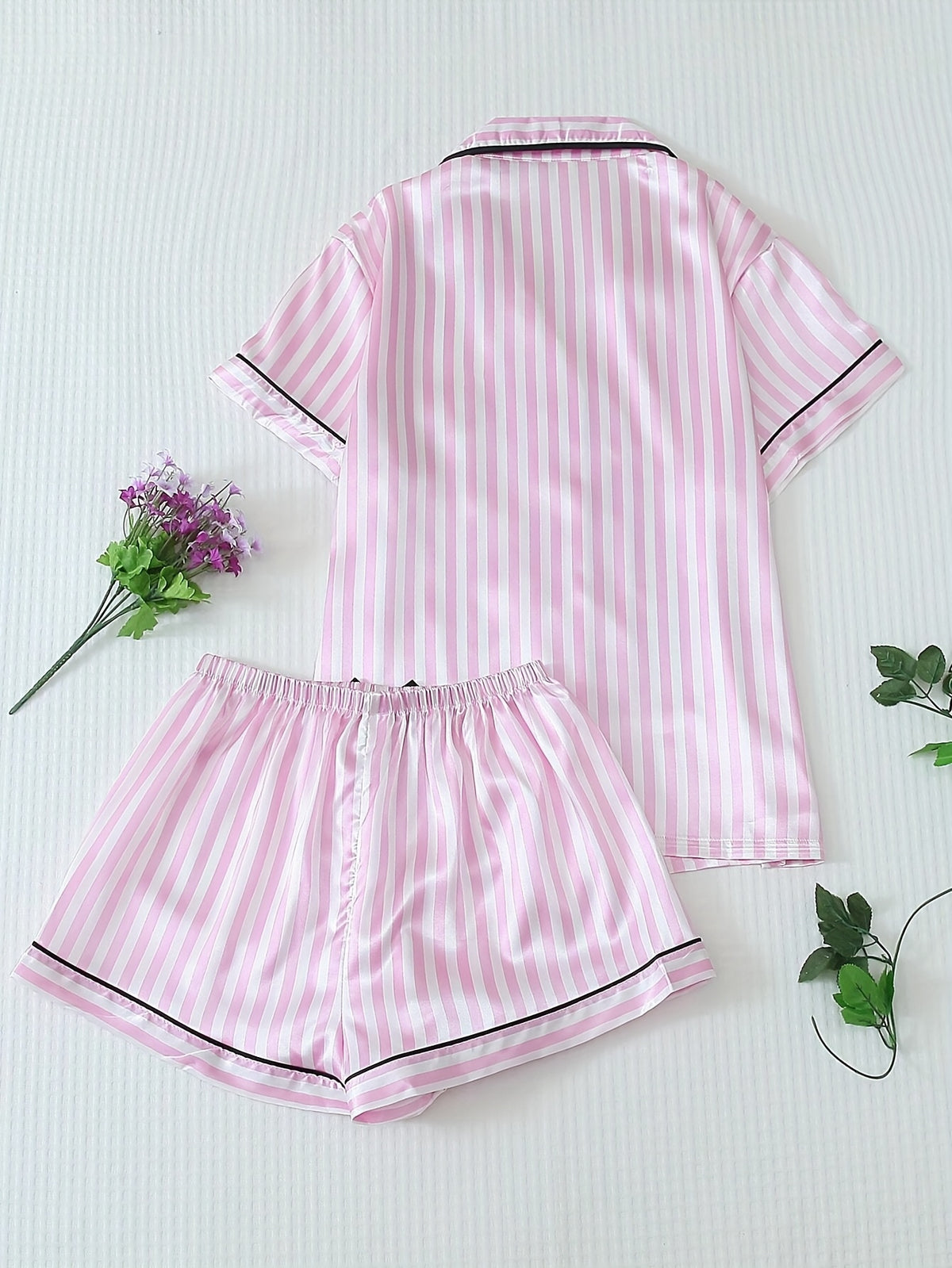 summer womens pajamas pink striped bow short sleeve shorts
