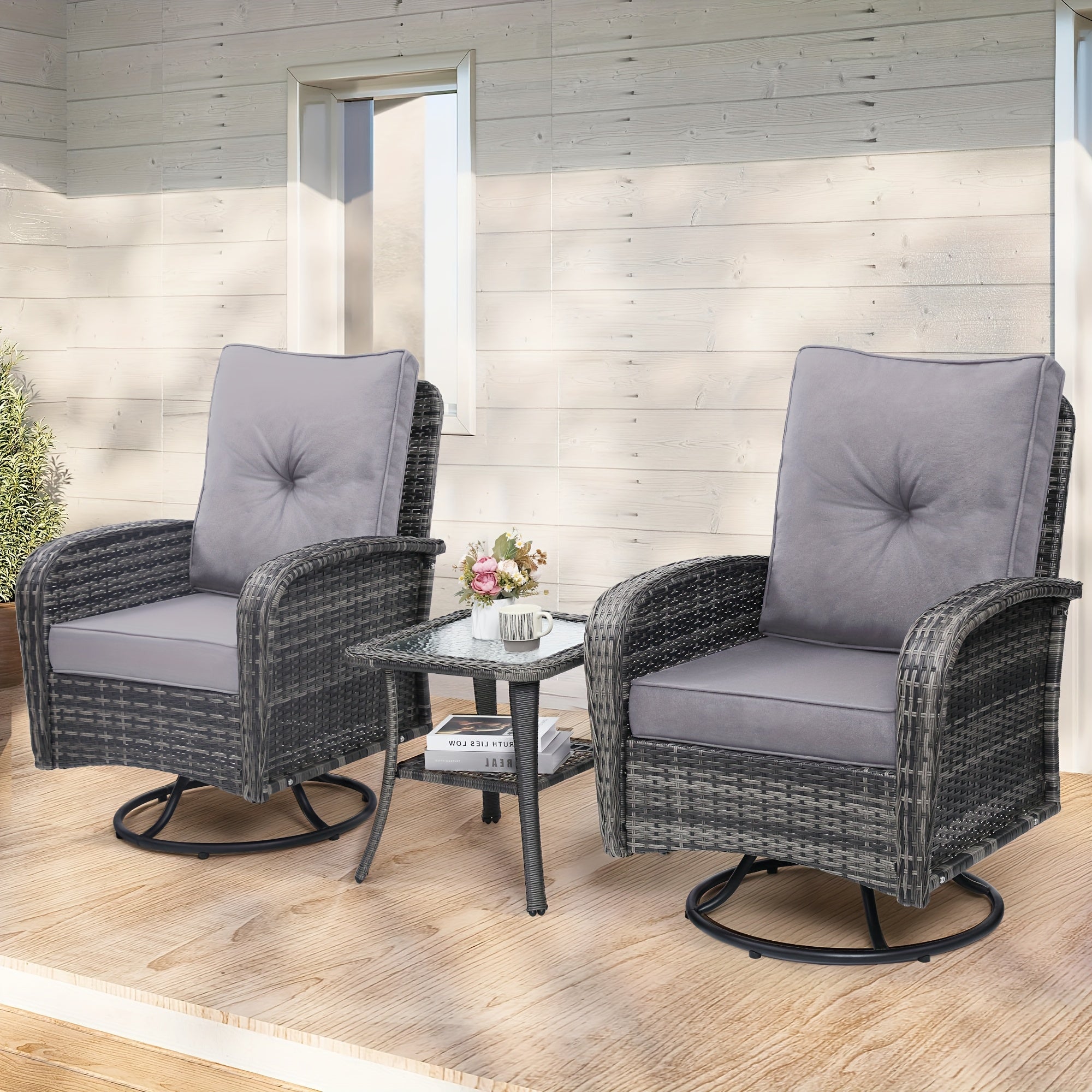 3pcs patio wicker glider rocker set 360 degree swivel