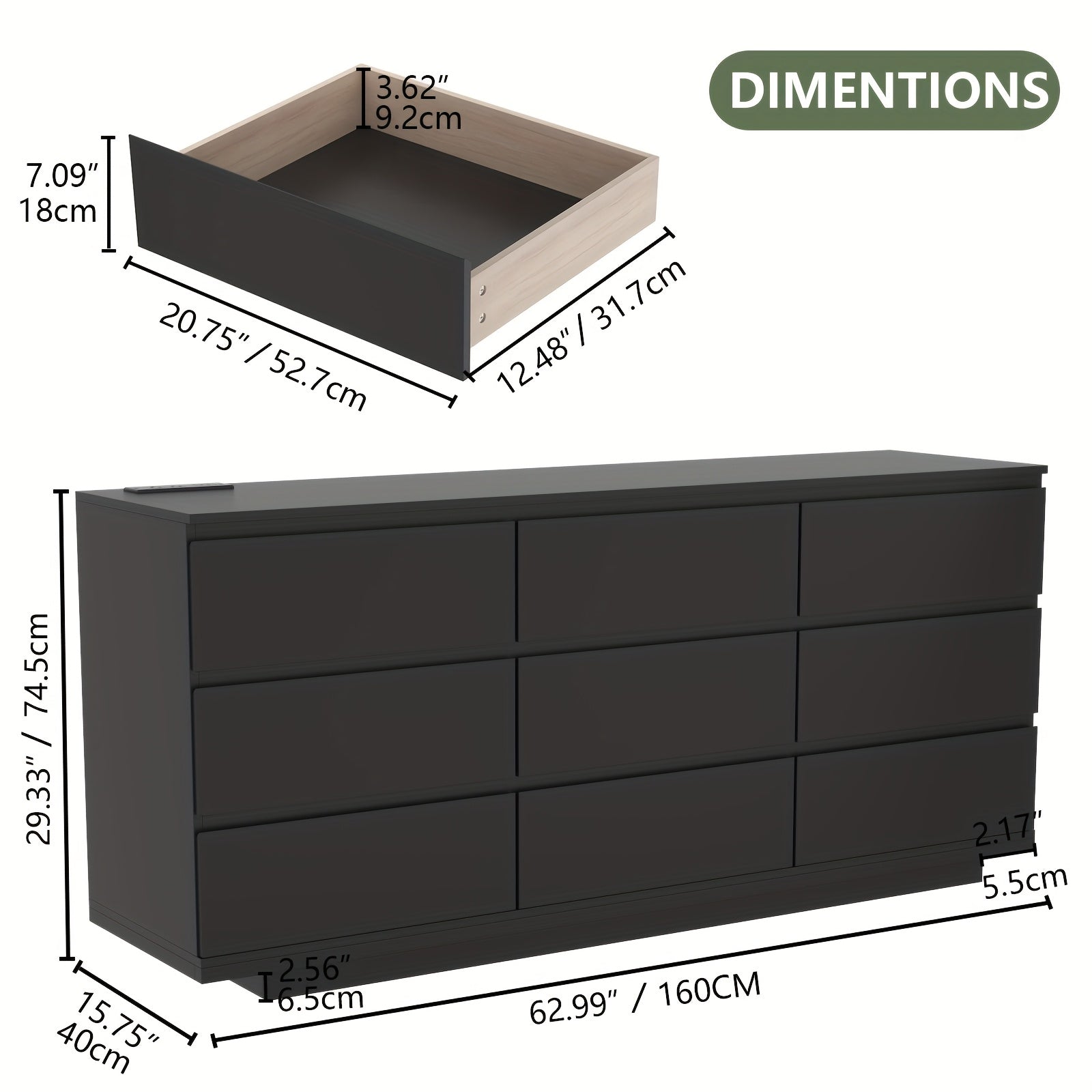 9 drawer dresser bedroom power outlet led lights modern wide