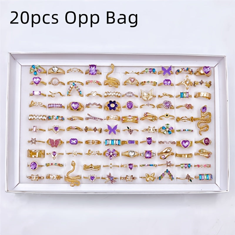 20pcs pack rose golden   womens mens ring set purple