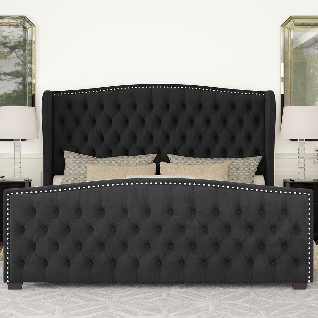 platform bed frame velvet upholstered bed deep button tufted
