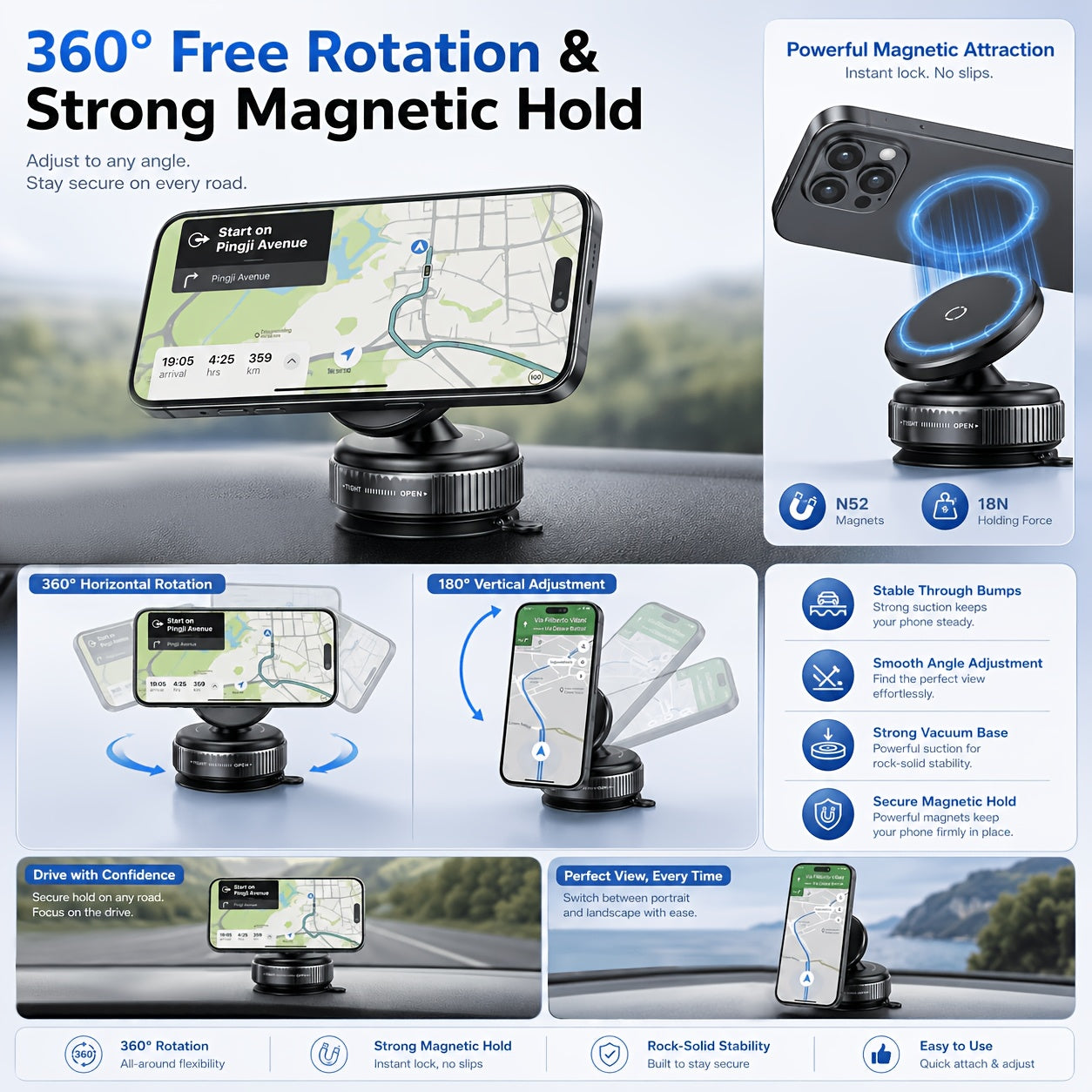 2 in 1high adjustable foldable magnetic phone mount 360