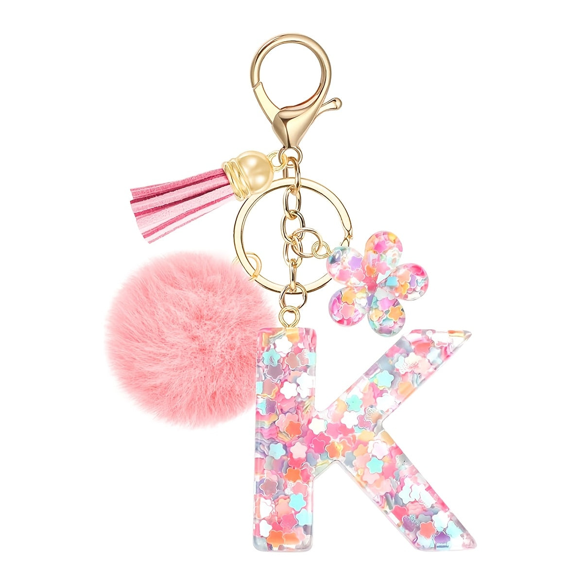 ladies initial keychain cute pink flower resin letter