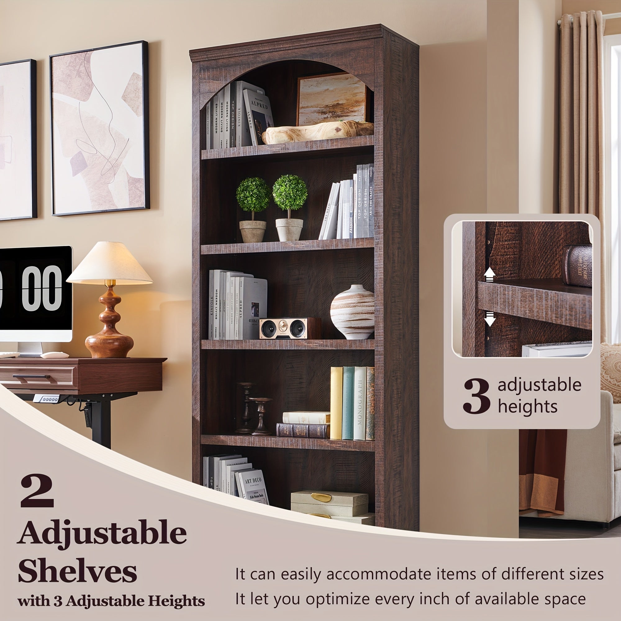 76 tall arched bookcase farmhouse 5 tiers large arched