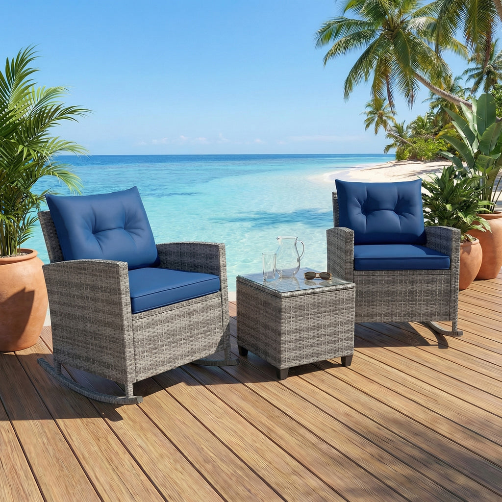3pcs outdoor rocking chair set rattan wicker patio