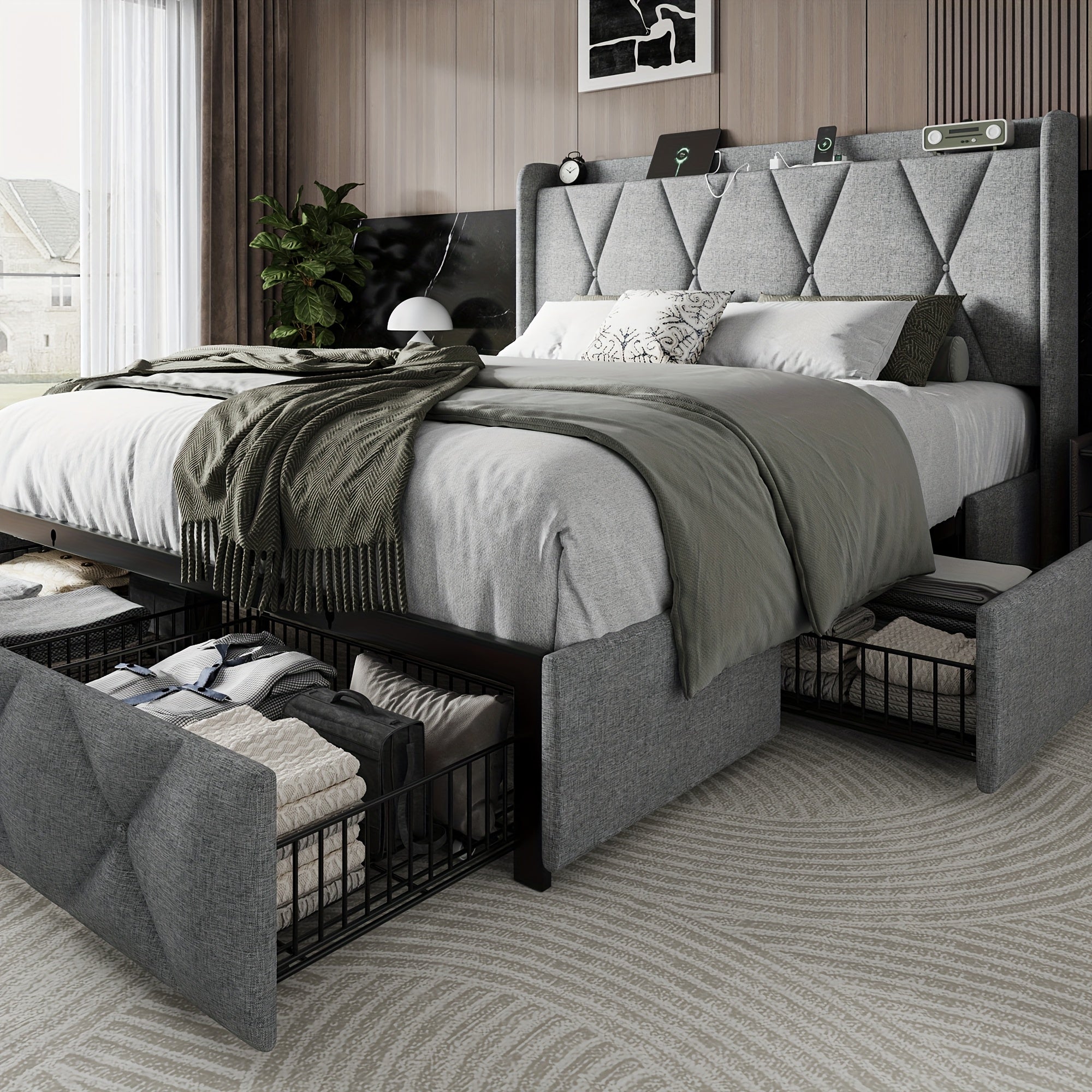 4 drawers storage bed frame wingback headboard