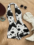 womens fashion leopard print deep v neck backless jumpsuit