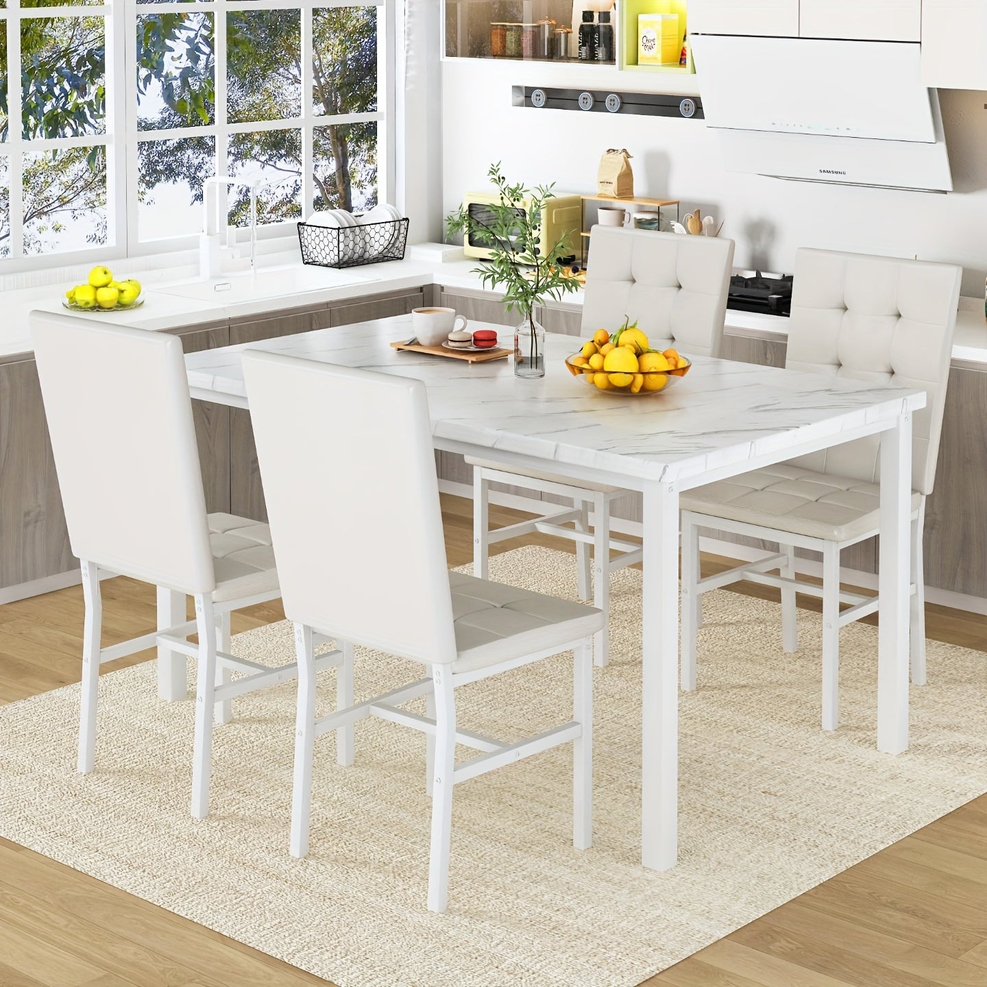 modern 5pcs   marble dining table set upholstered pu