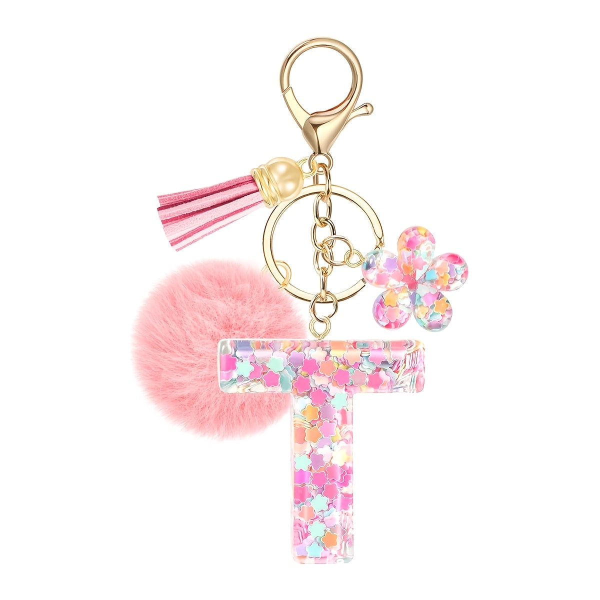 ladies initial keychain cute pink flower resin letter
