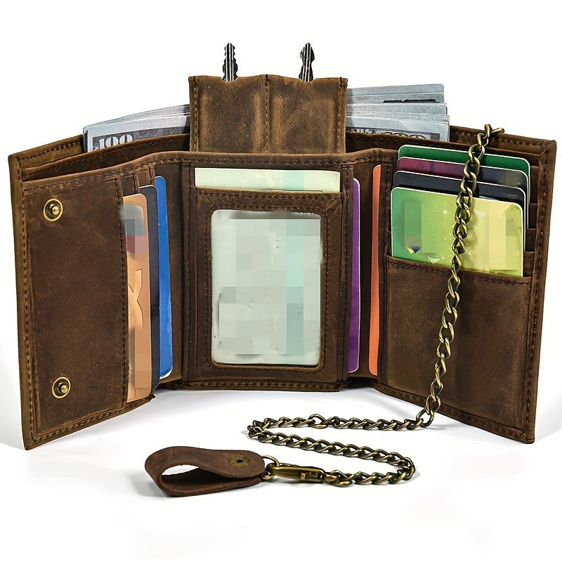 men vintage chain trifold pocket wallet wtih key holder
