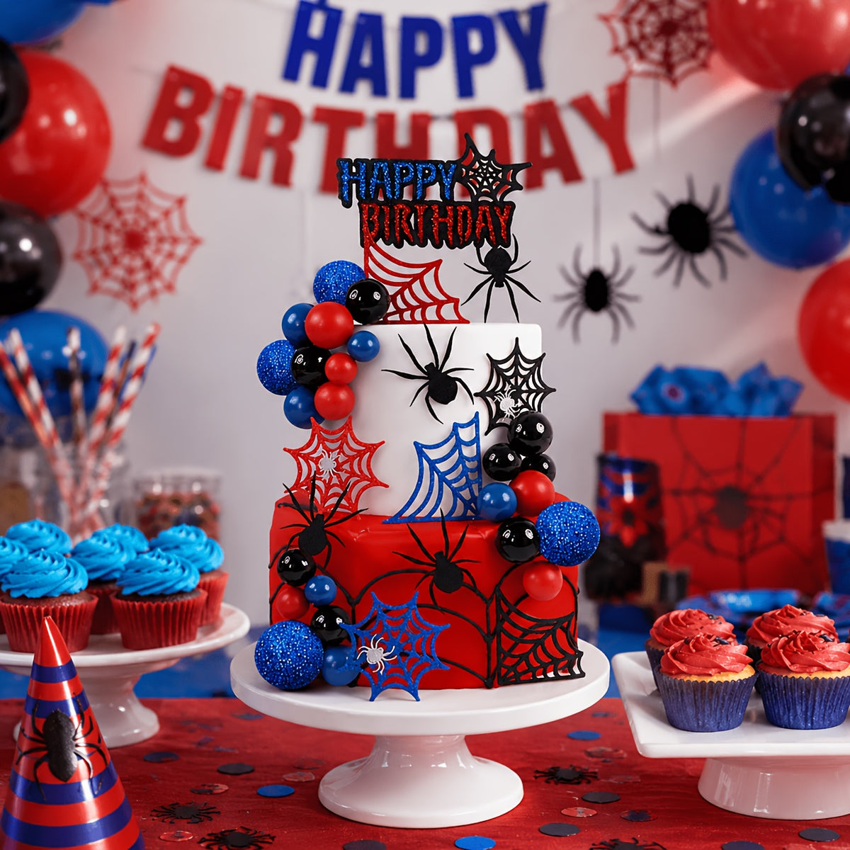 32pcs   web birthday ball cake decorations black red