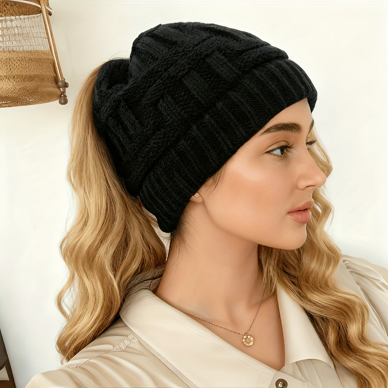 womens ponytail hat stretchy warm ponytail beanie black hat