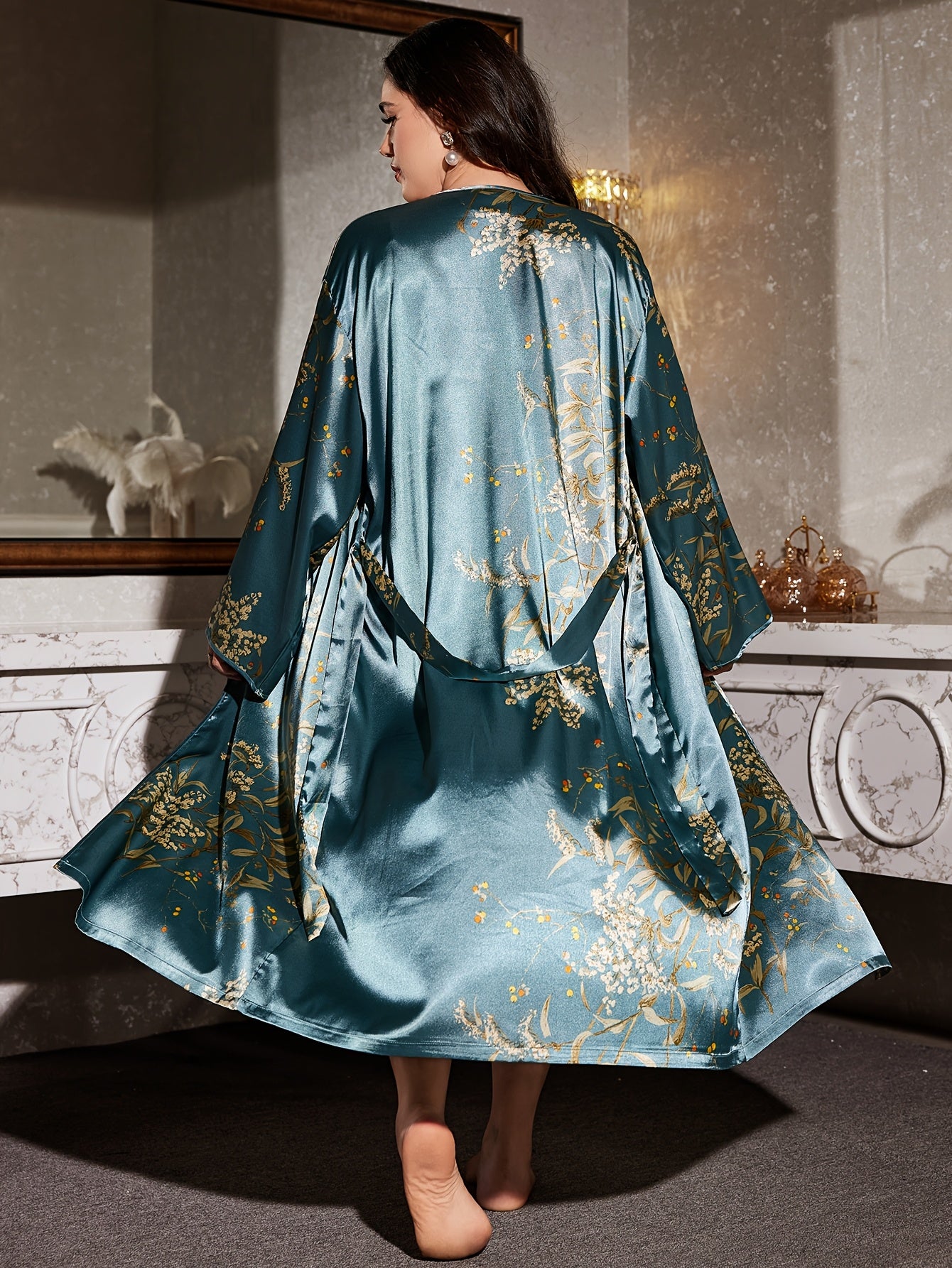 plus size   robe tie belt printed long sleeve robe women