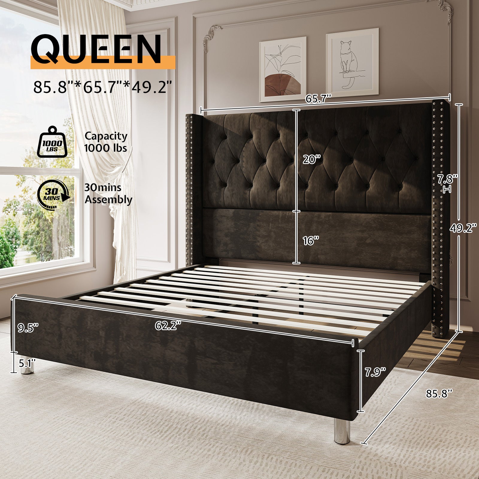 upholstered platform bed frame 50 inch velvet