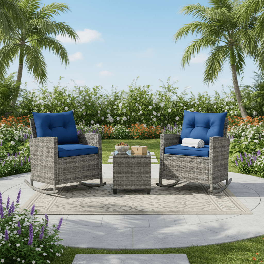 3pcs outdoor rocking chair set rattan wicker patio