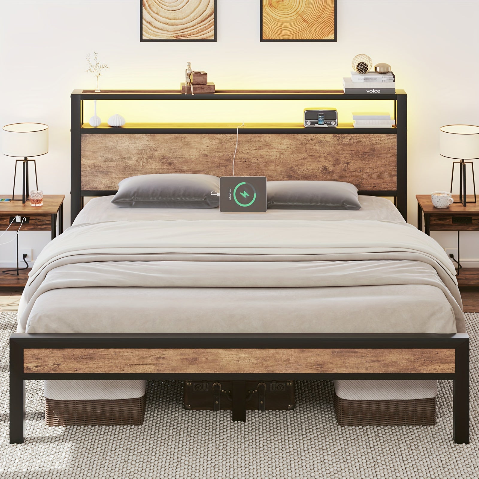 full queen king size bed frame storage metal platform bed