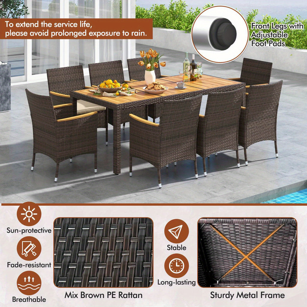 9pcs patio pe wicker dining set outdoor acacia wood