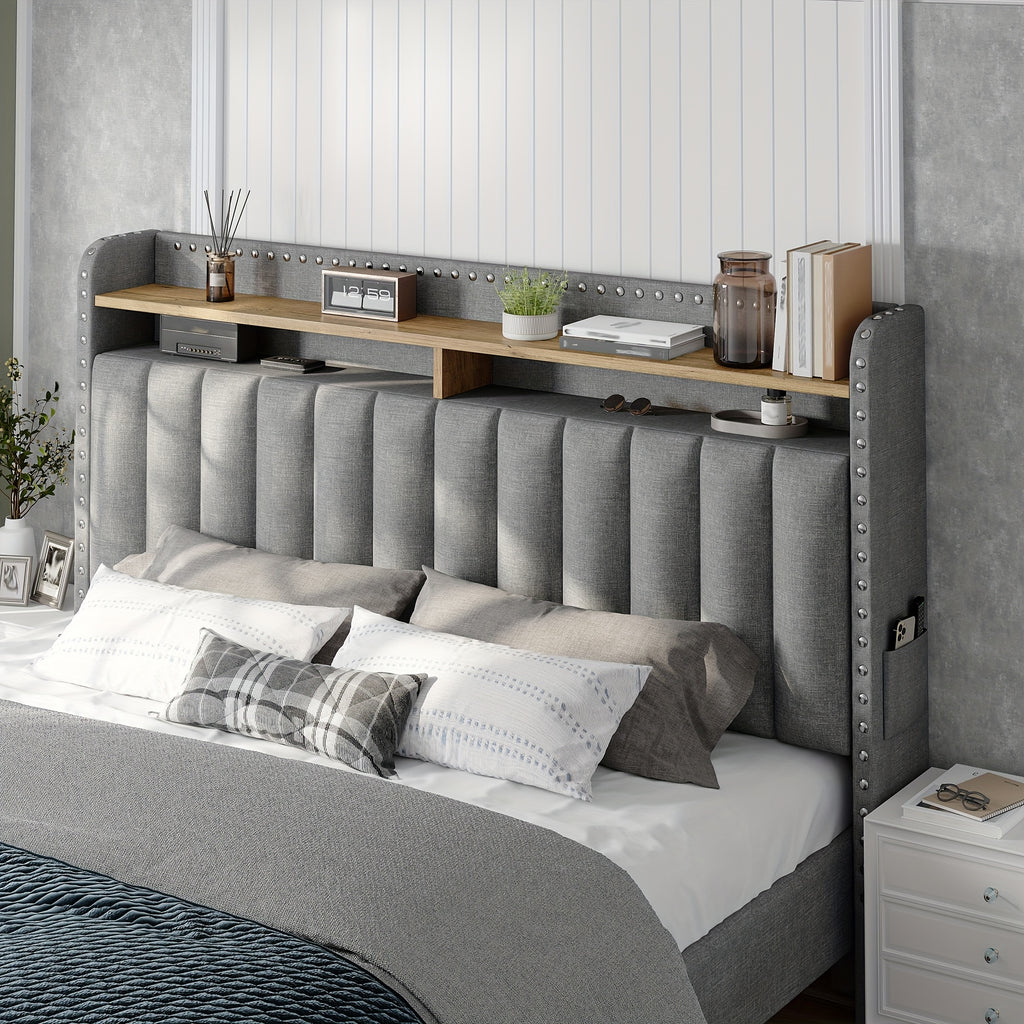king size upholstered bed frame storage 2 tier headboard 2