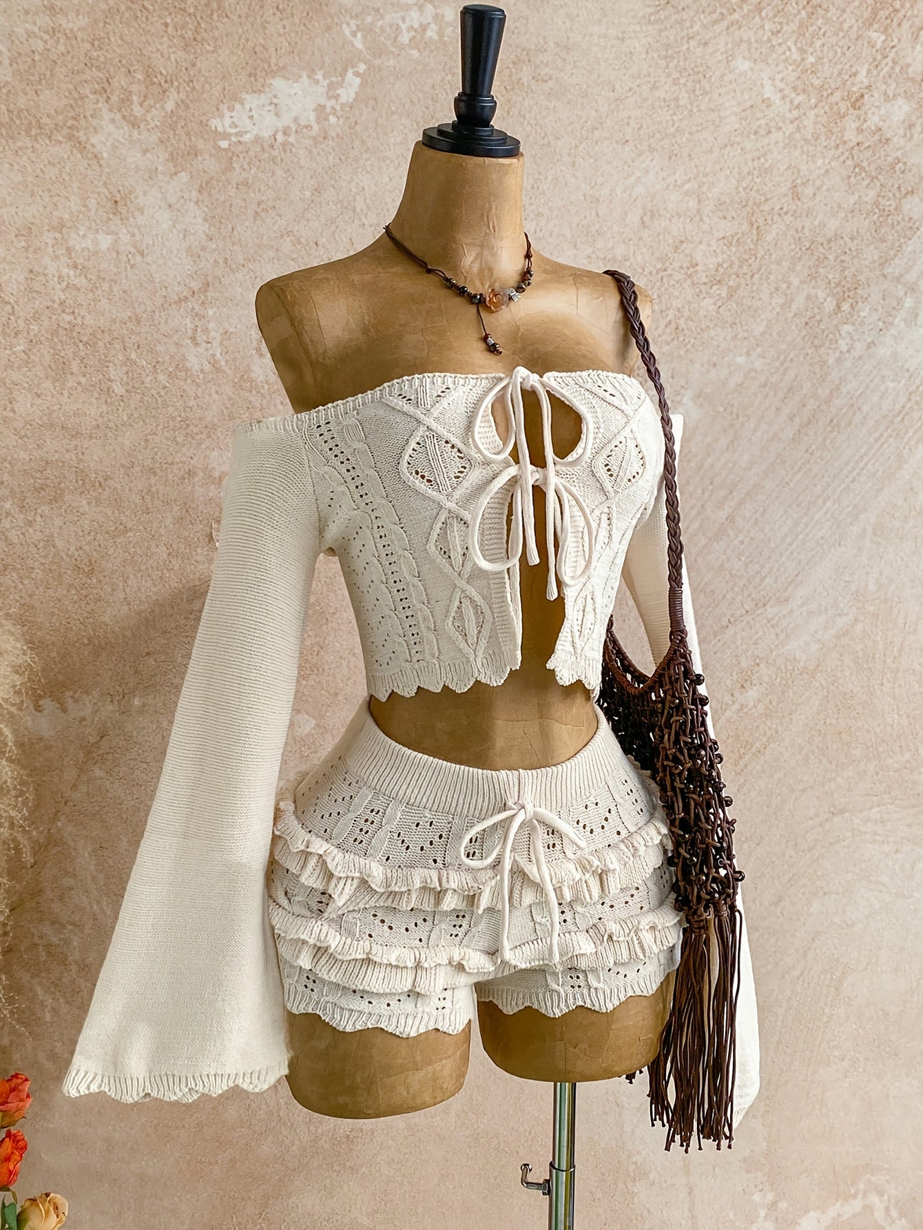 two piece womens fashionable   shoulder tie front sweater