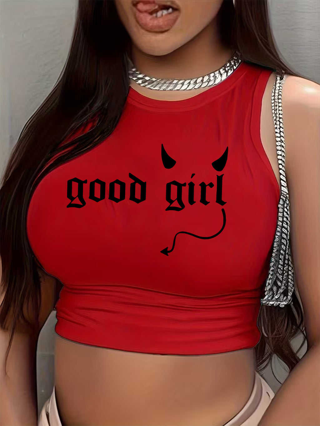 a stylish womens sleeveless crop top a deep round neckline