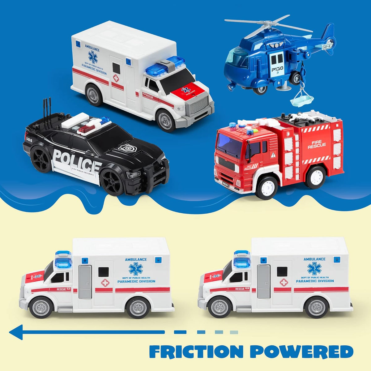 4 pack emergency vehicle truck toys kids age 3 friction