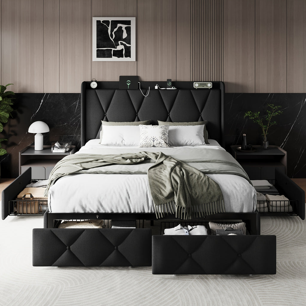 4 drawers storage bed frame wingback headboard