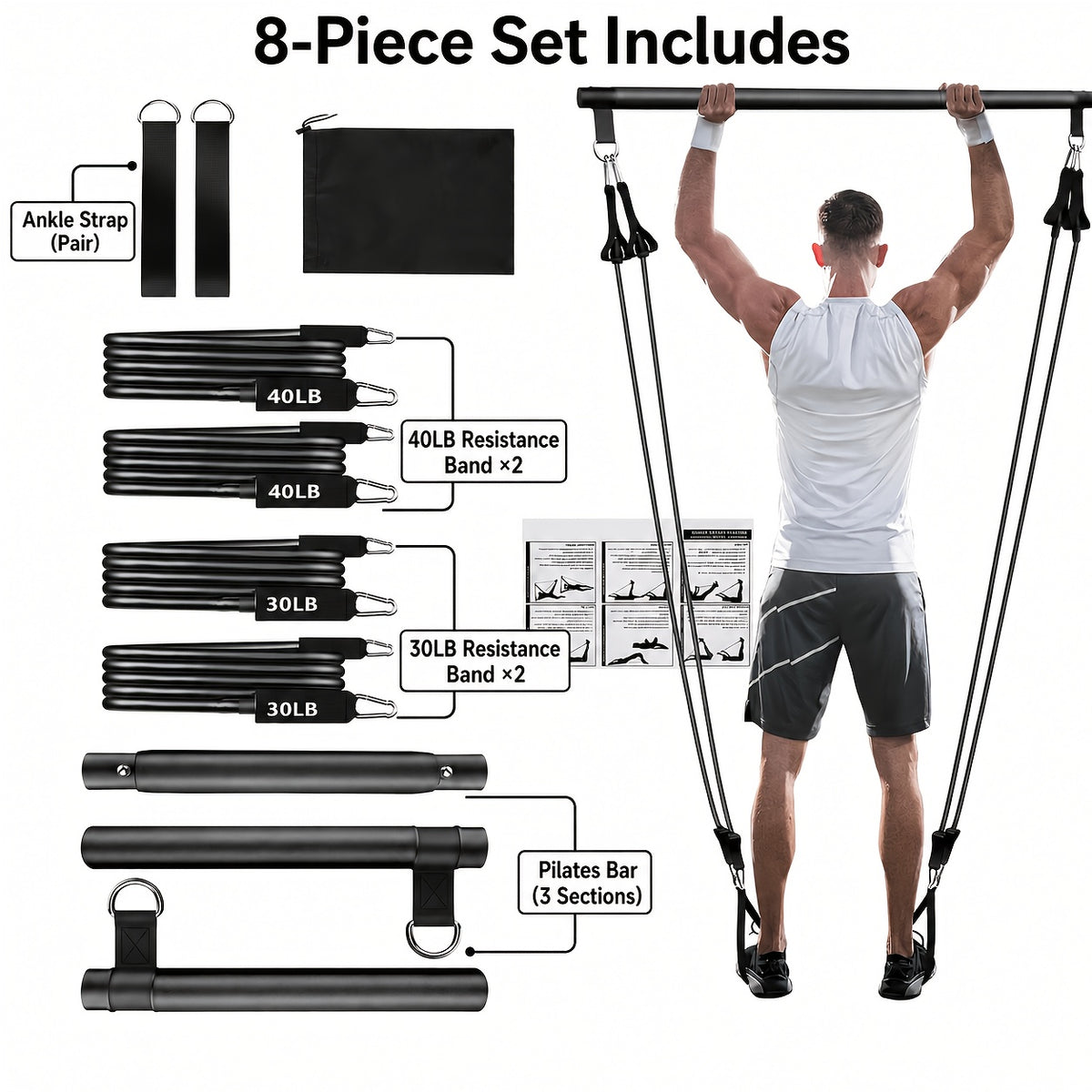 8pcs pilates bar kit 4   bands 140 lbs a portable