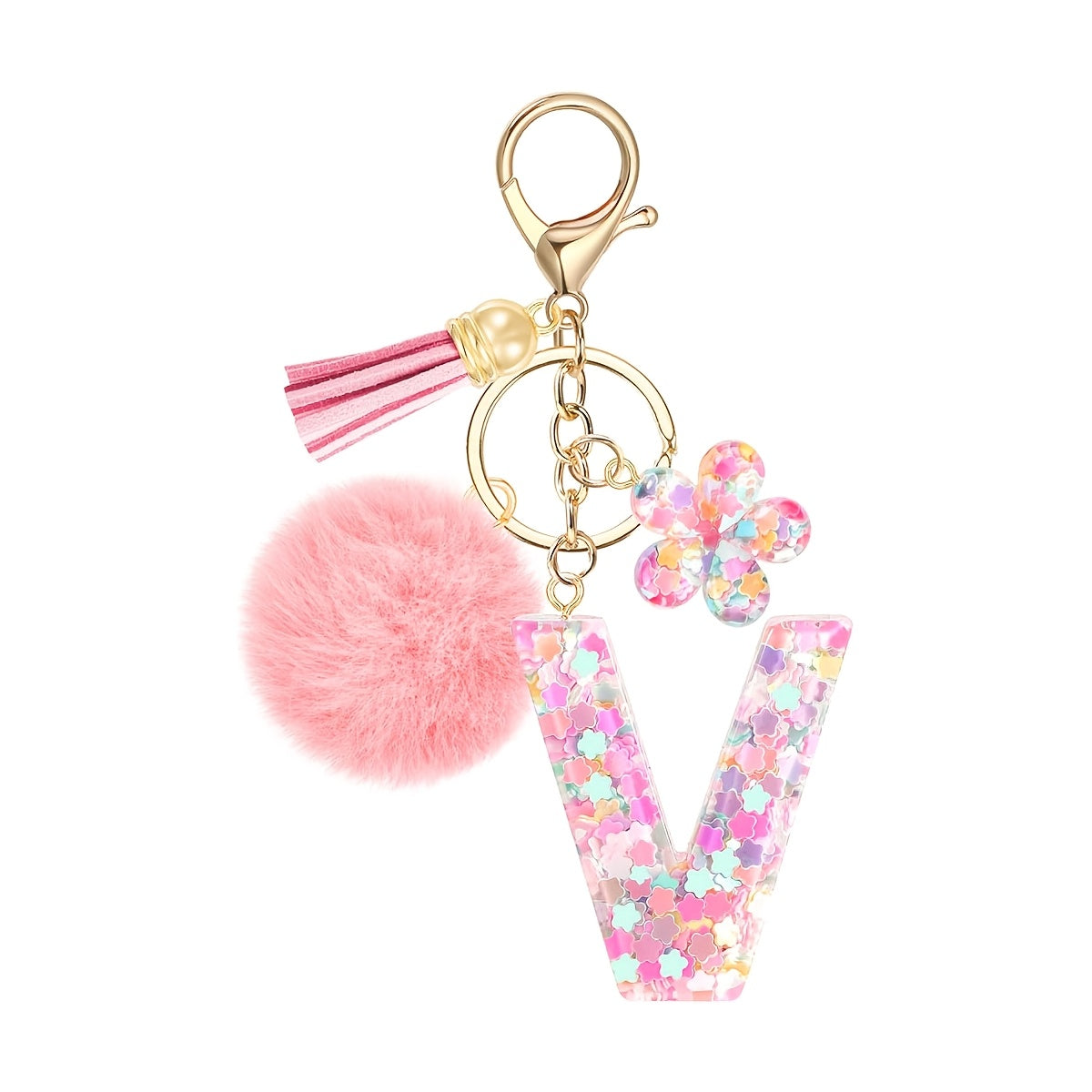 ladies initial keychain cute pink flower resin letter
