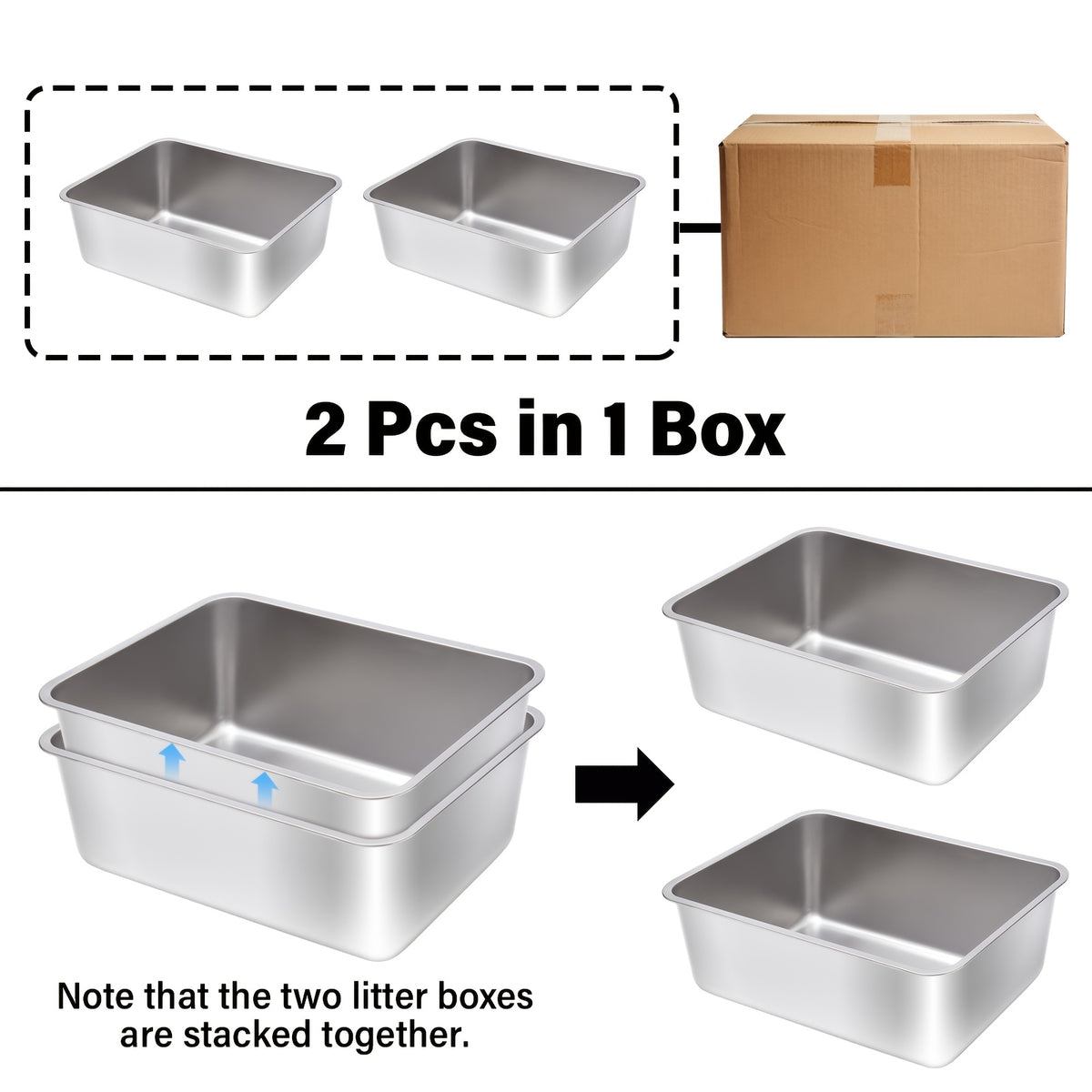 2pcs stainless steel cat litter box 6 deep stainless steel