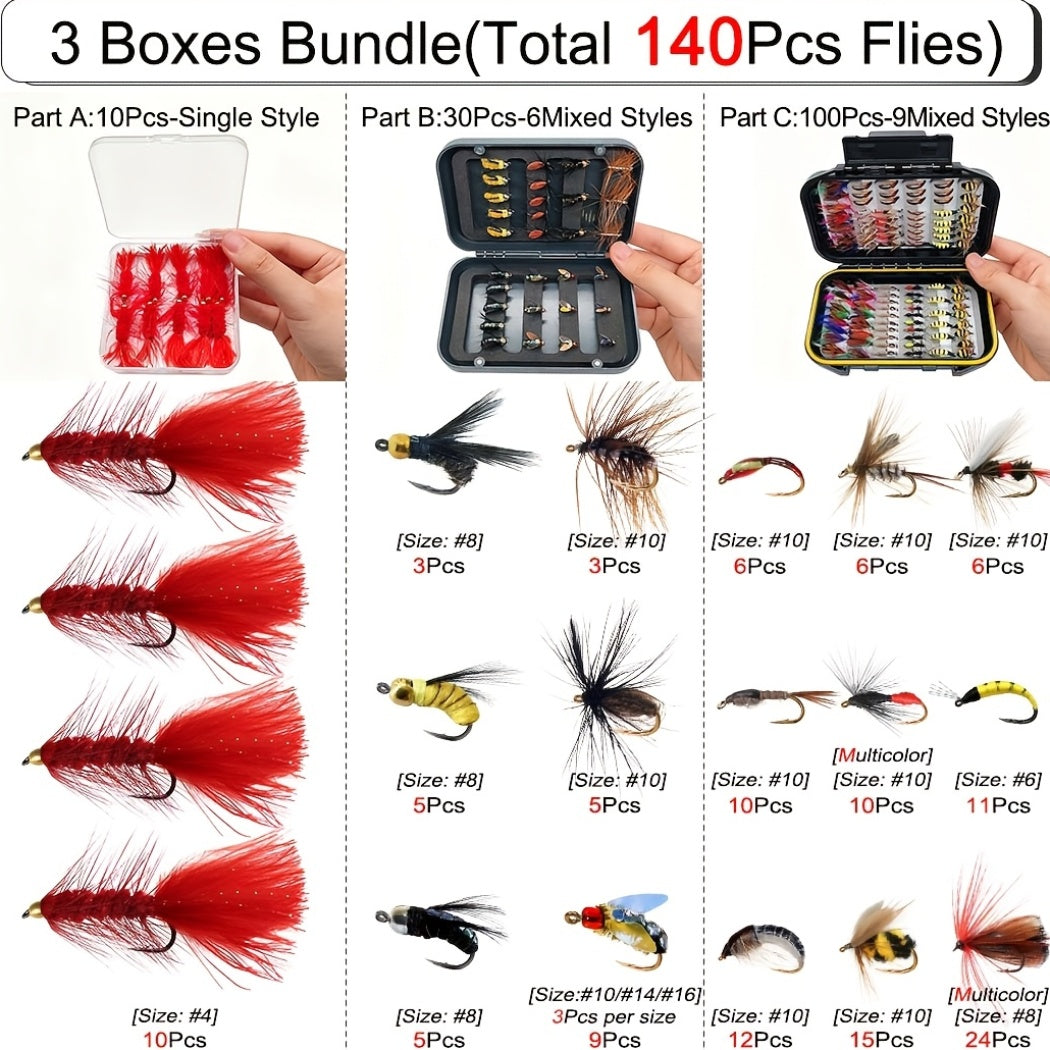 fly fishing flies kit 3 boxes bundle total 140pcs flies dry