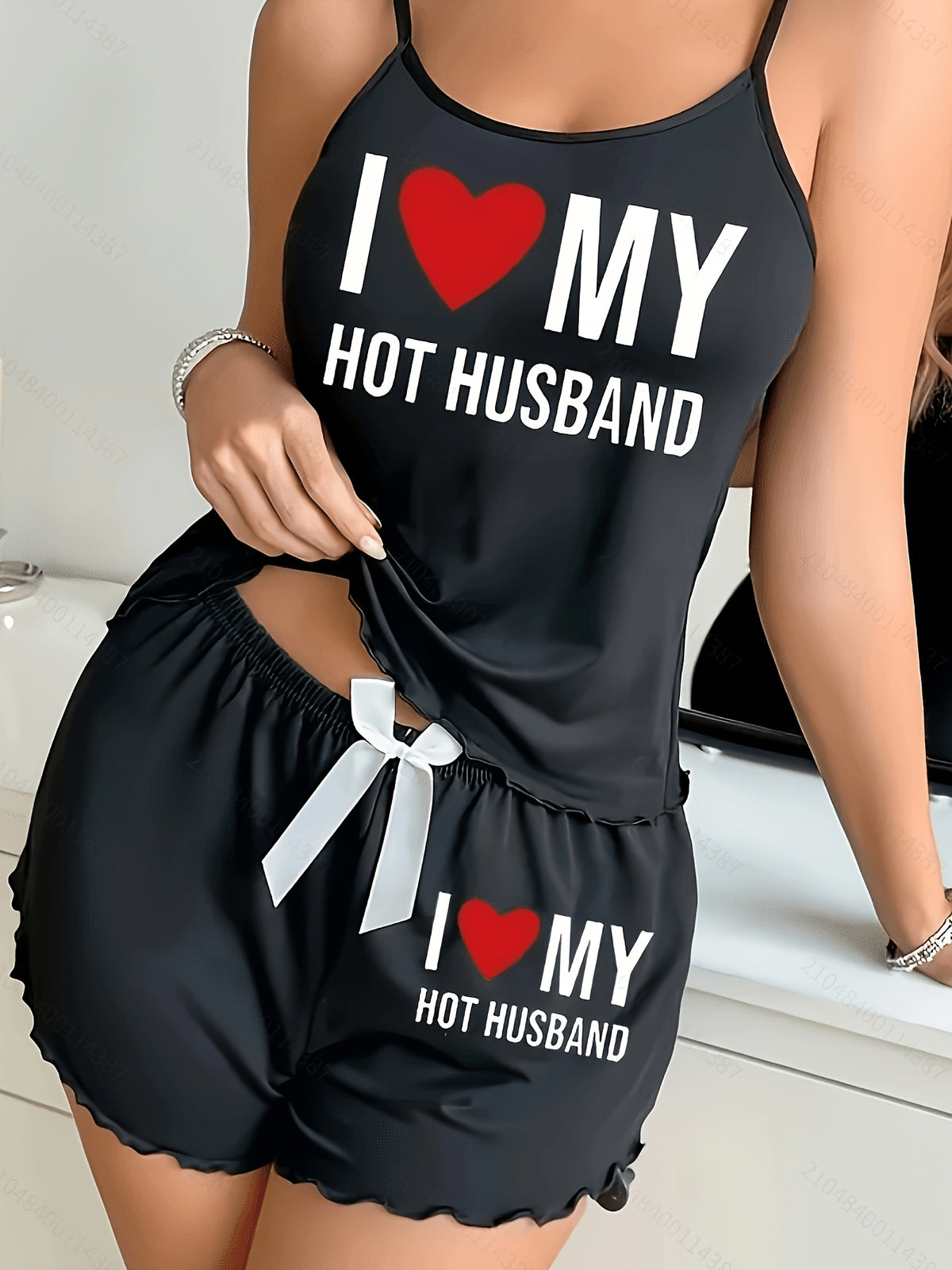 womens love hot husband print tank top shorts set black