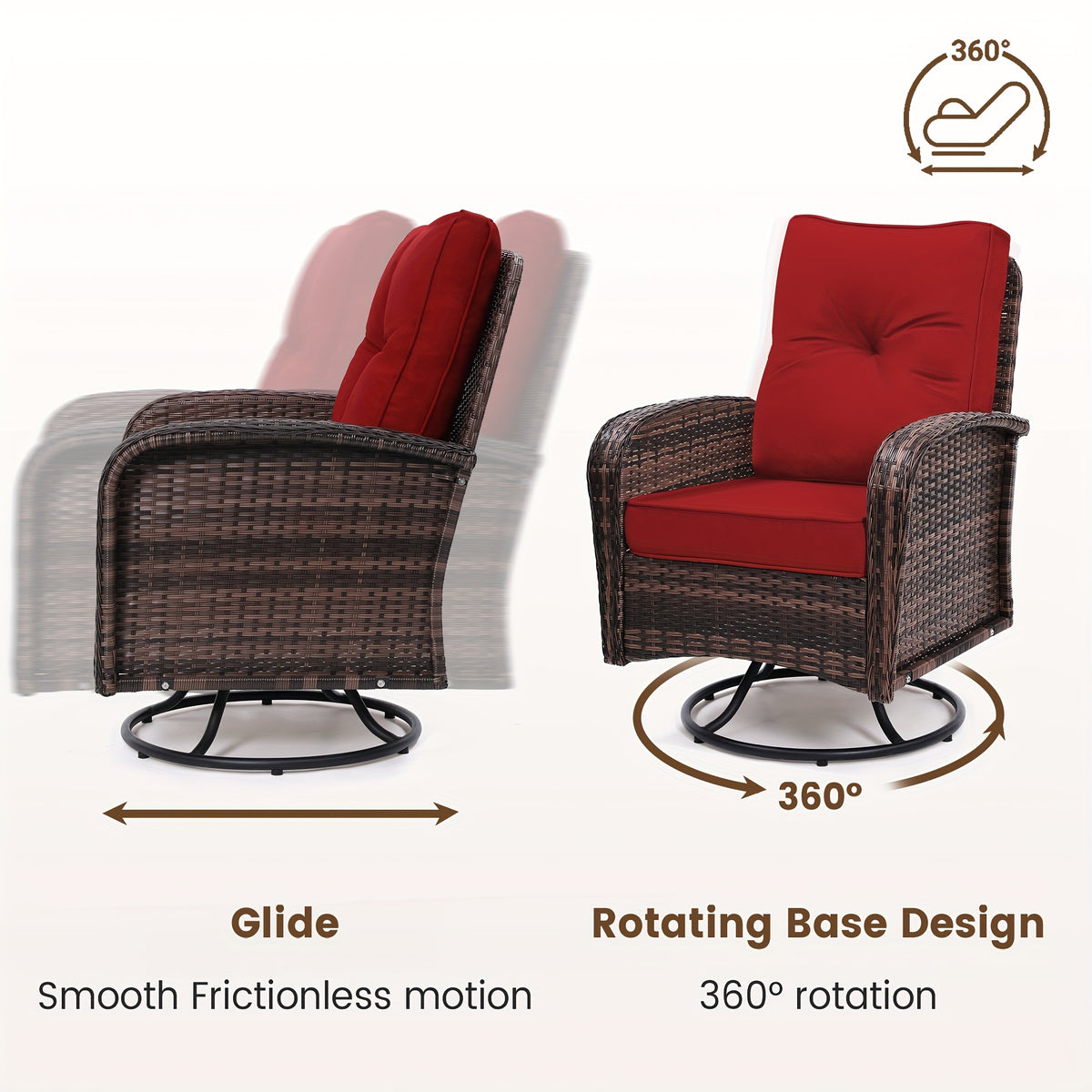 3pcs patio wicker glider rocker set 360 degree swivel