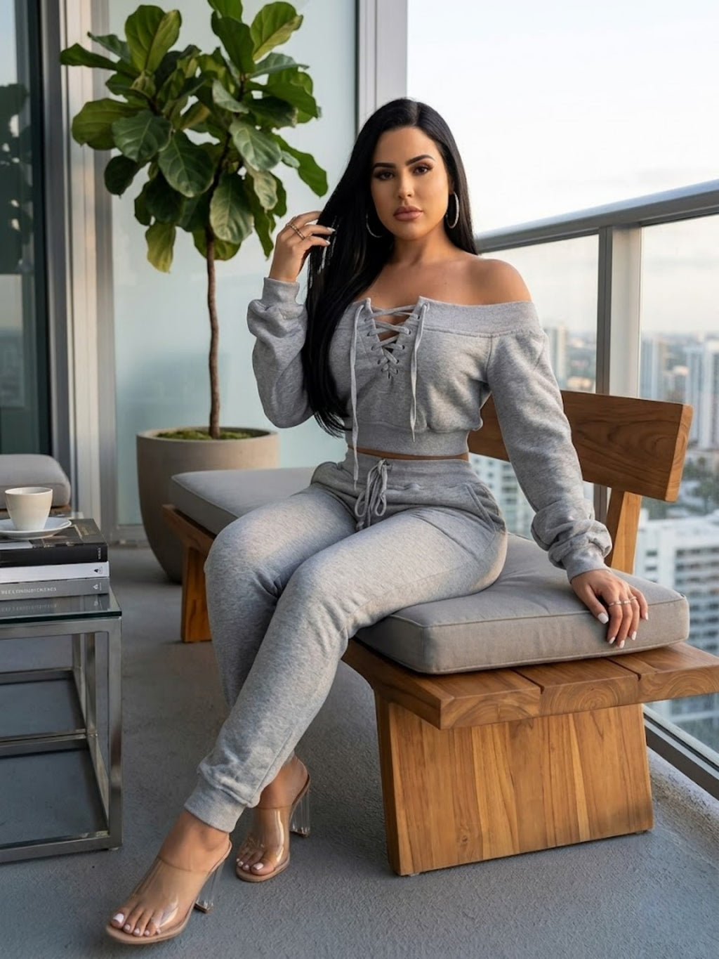 womens 2pcs sweatsuit set shoulder lace long sleeve crop top