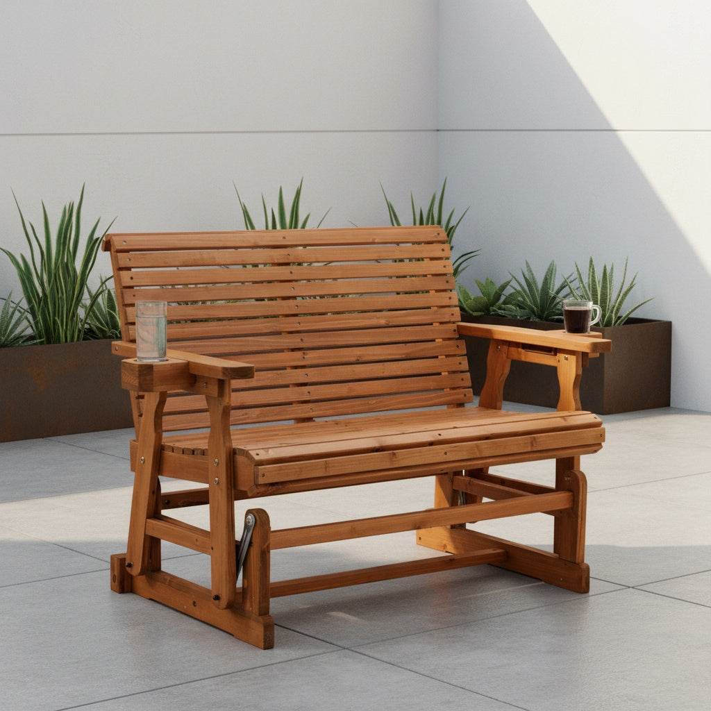 outdoor glider bench wood patio glider cup holders porch