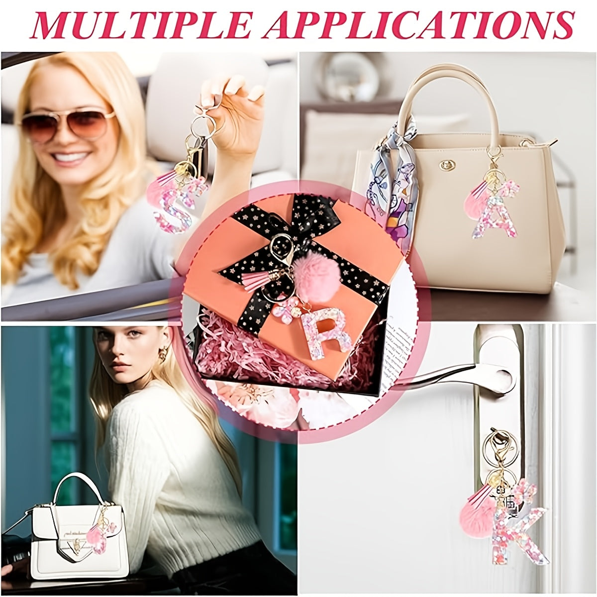 ladies initial keychain cute pink flower resin letter