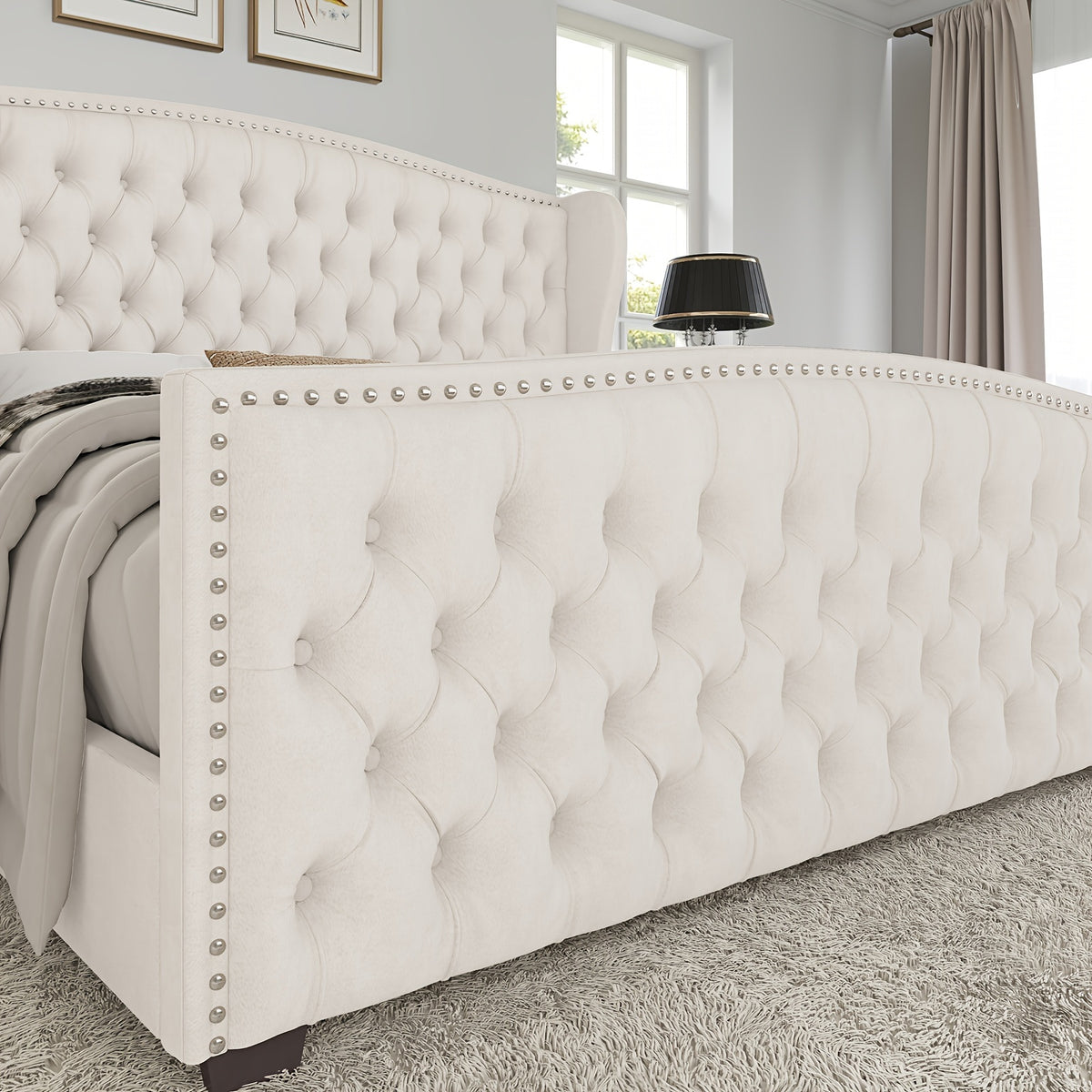 handcrafted velvet bed frame featuring a wingback headboard